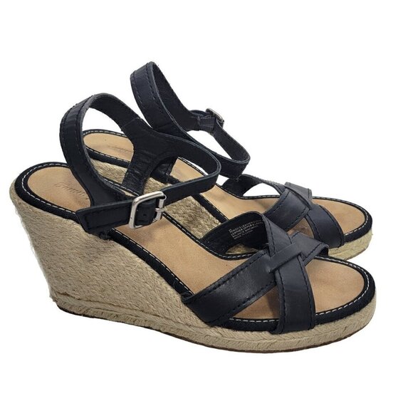 Tommy Bahama Women's Black Leather Espadrille Strappy Black Wedge Sandals Size 9 - Picture 1 of 12